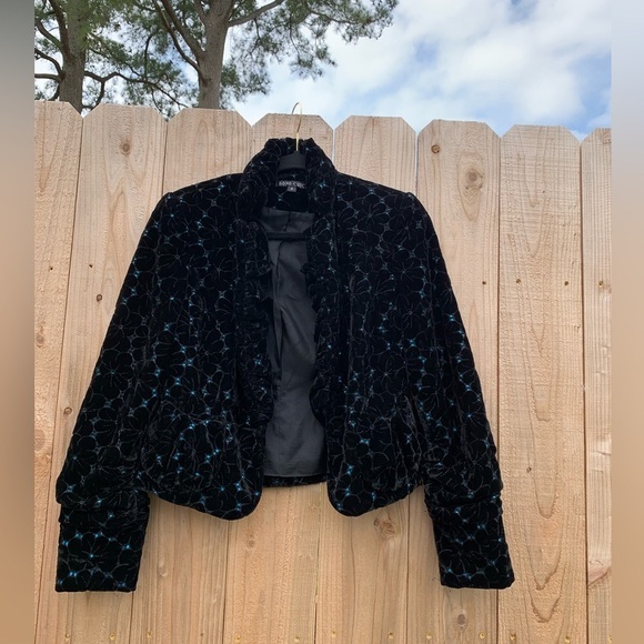 BOHO CHIC Womens Size 2 floral Blazer Jacket black blue velvet‎ spring summer - Picture 1 of 9